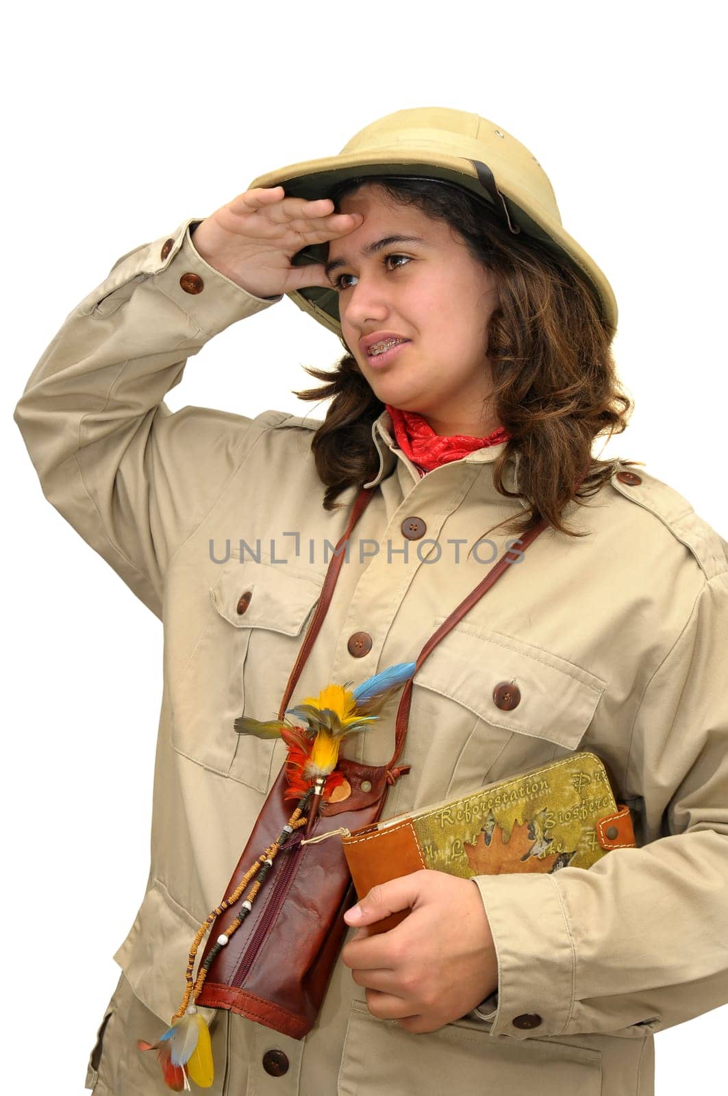Young girl explorer isolated in white