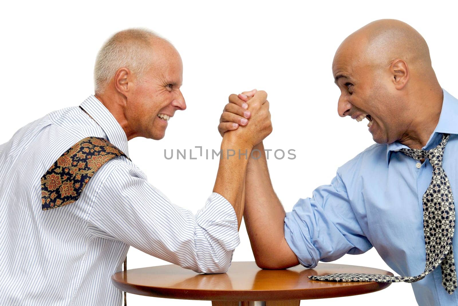 Businessman harm wrestling isolated in white