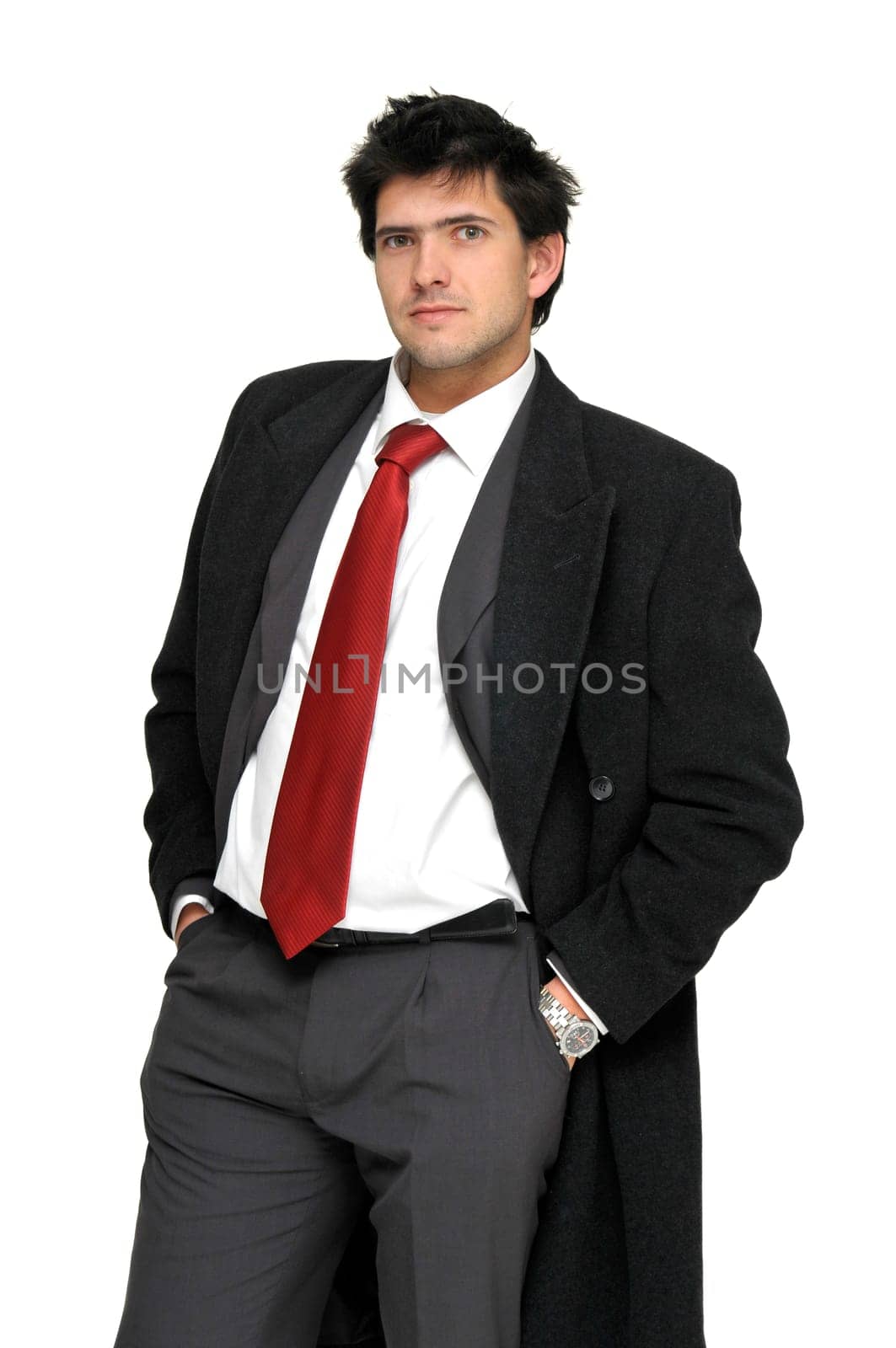 Young businessman posing with greatcoat isolated in white