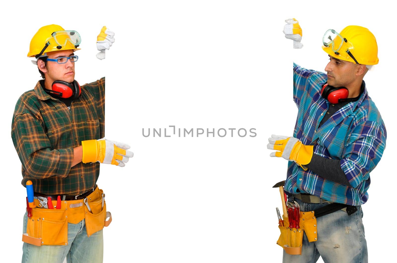 Construction workers isolated in white
