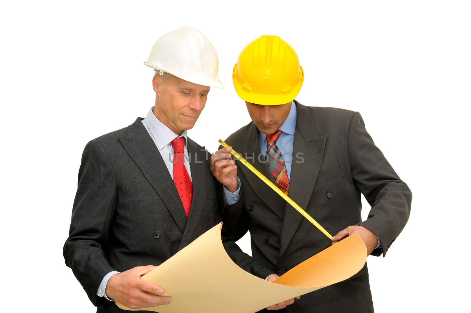 Two engineers isolated against a white background