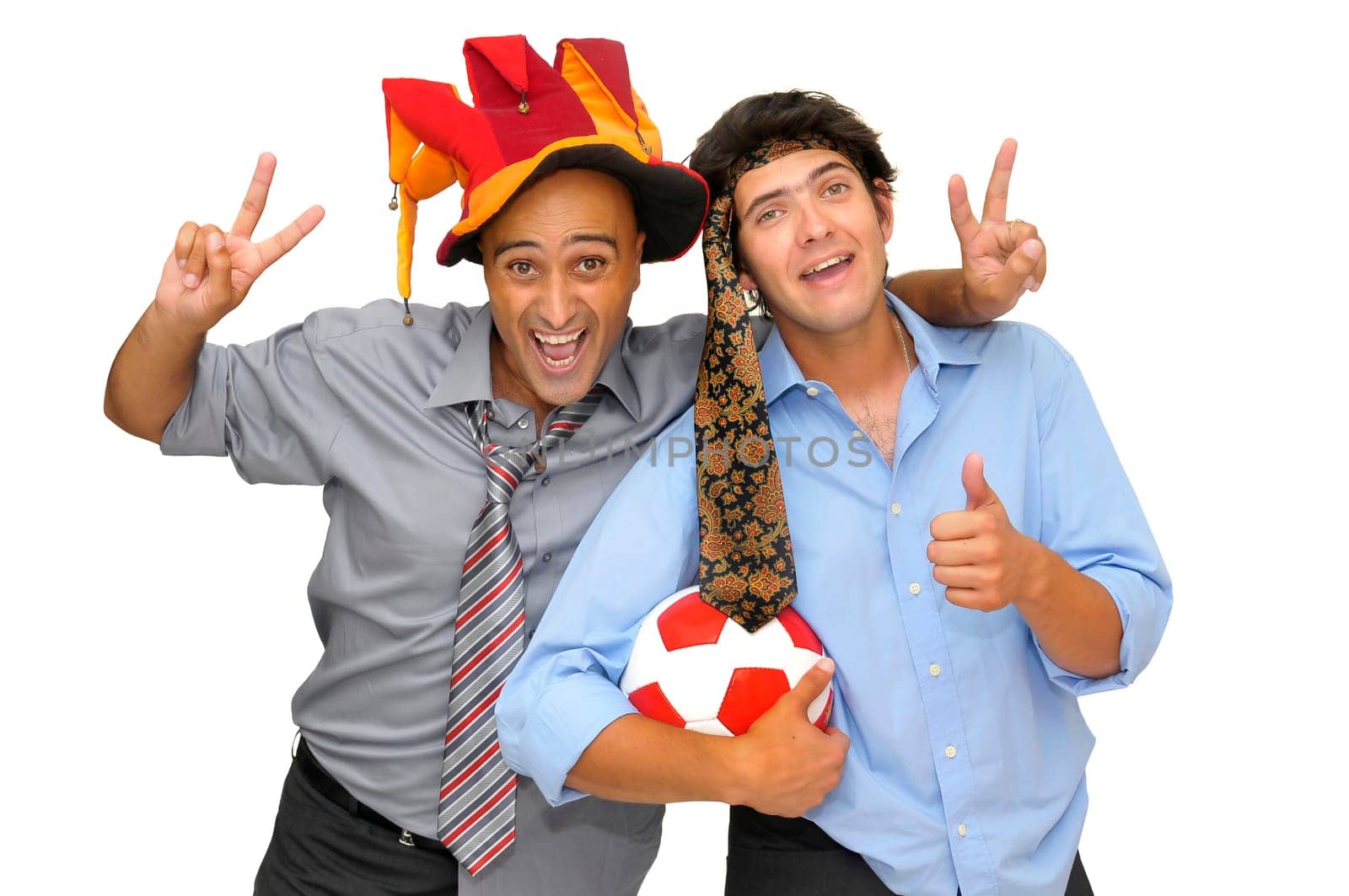 Two businessman with a soccer ball, partying isolated in white