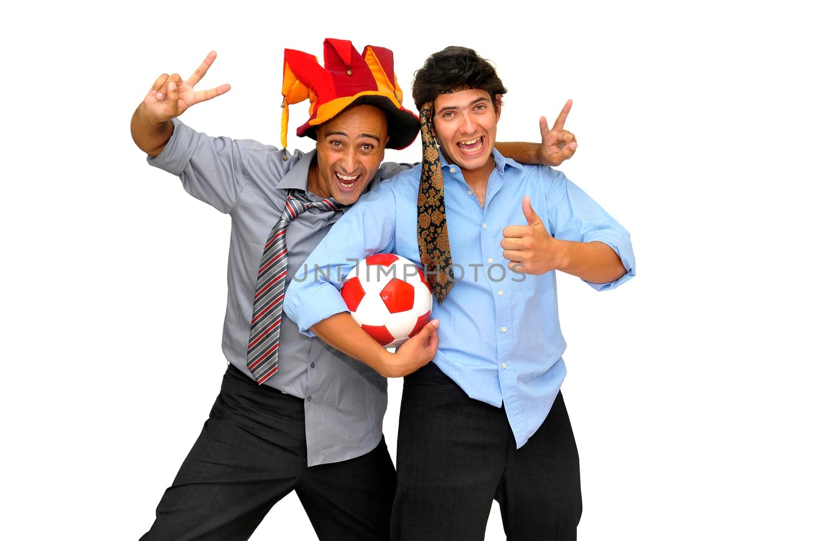 Two businessman with a soccer ball, partying isolated in white