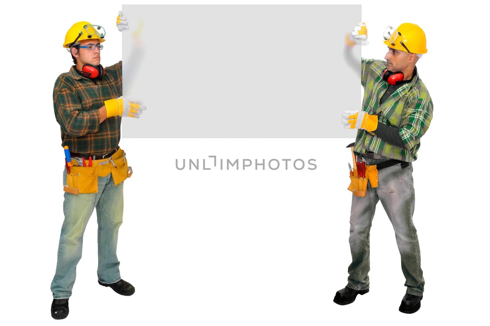Construction workers isolated in white