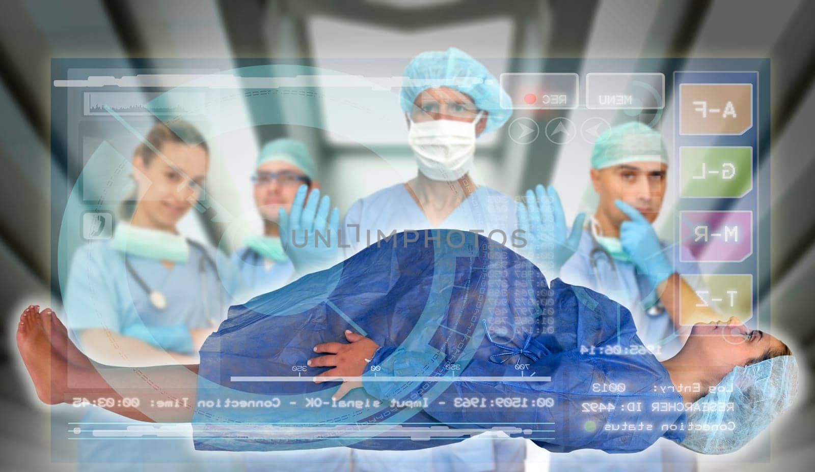 Doctors team with pregnant patient in medical facilities with modern screen