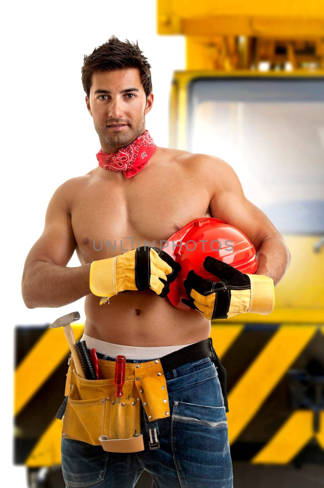 Strong build construction worker isolated in white