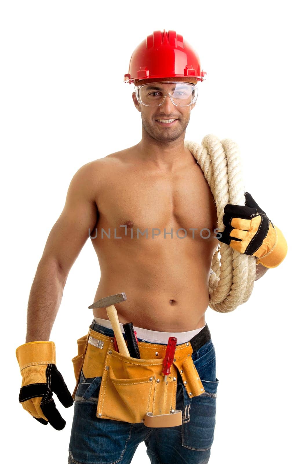 Strong build construction worker isolated in white