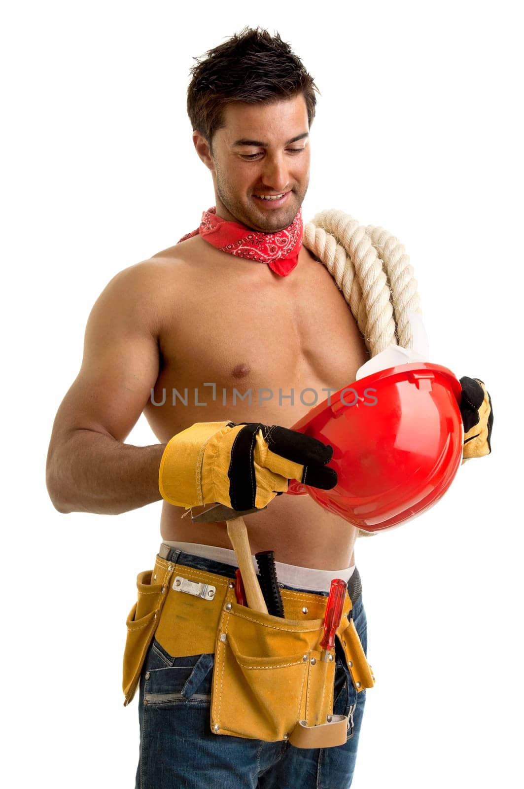 Strong build construction worker isolated in white