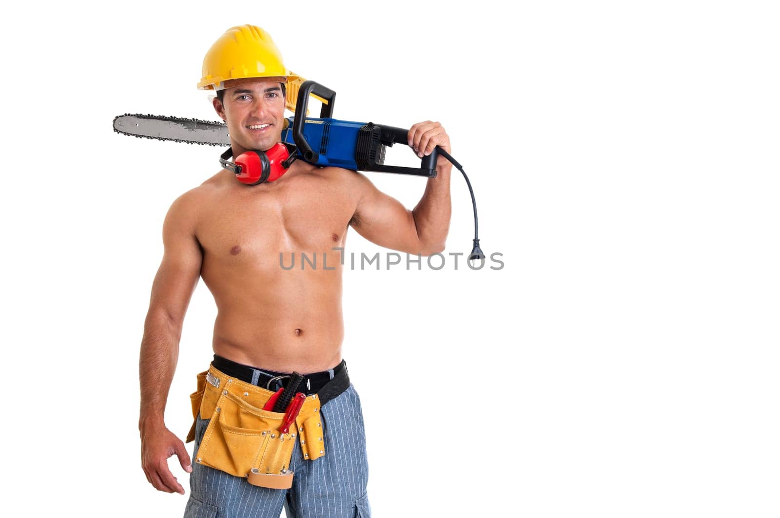 Strong build construction worker isolated in white