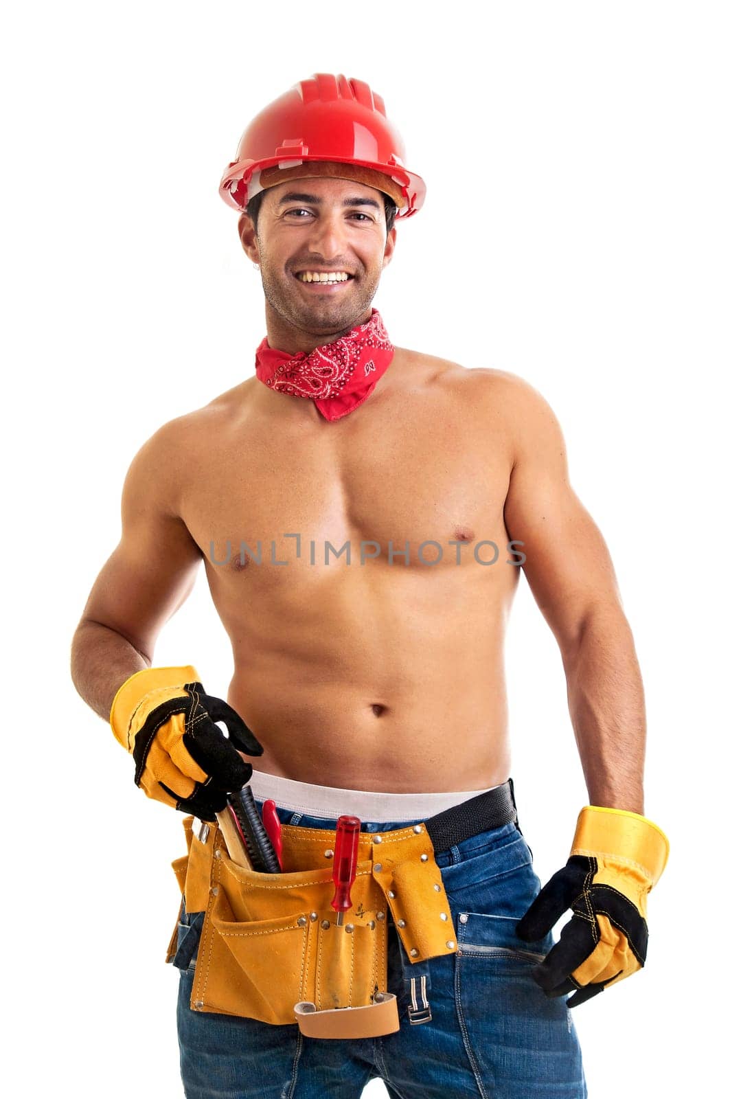Strong build construction worker isolated in white