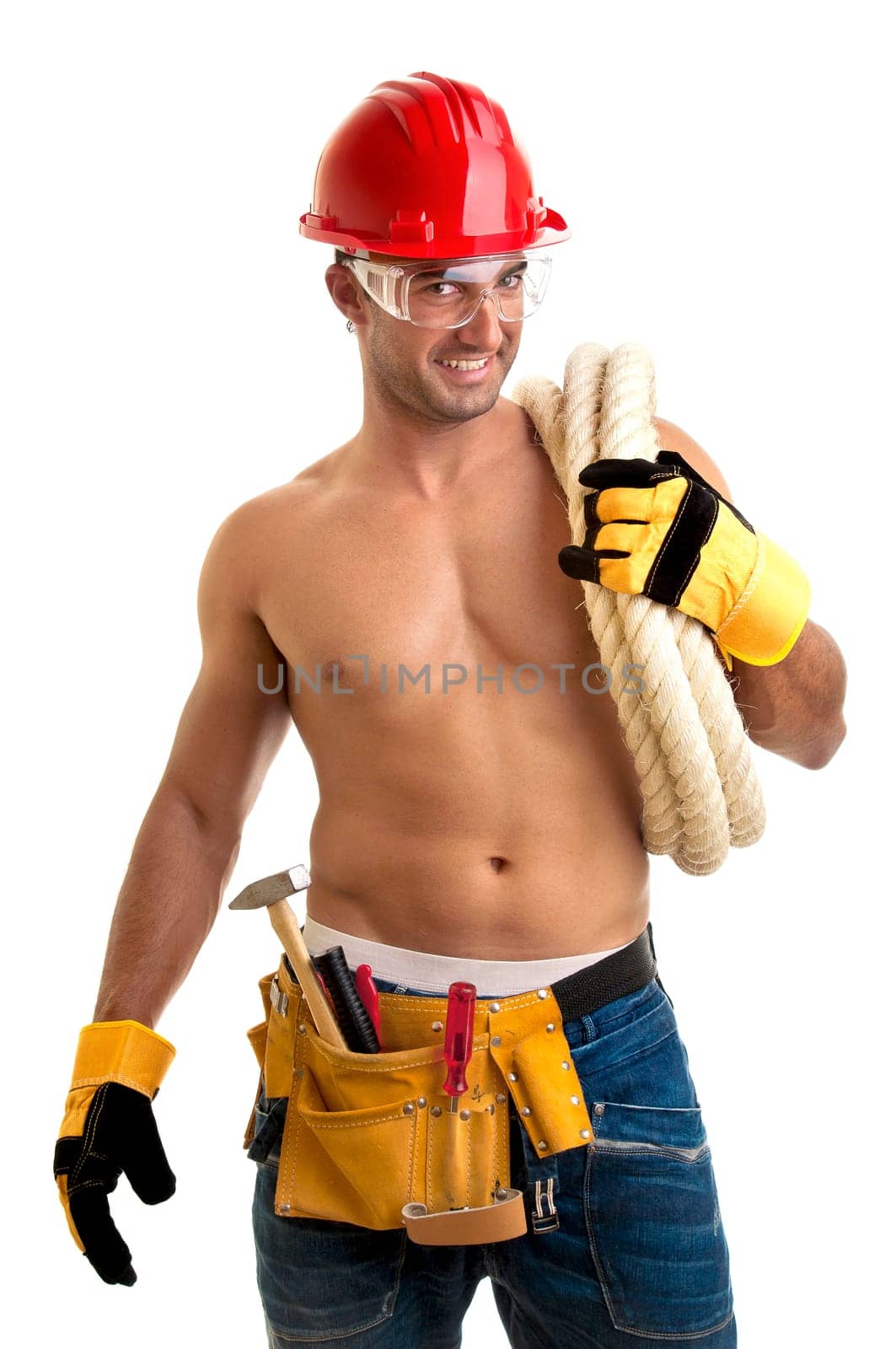 Strong build construction worker isolated in white