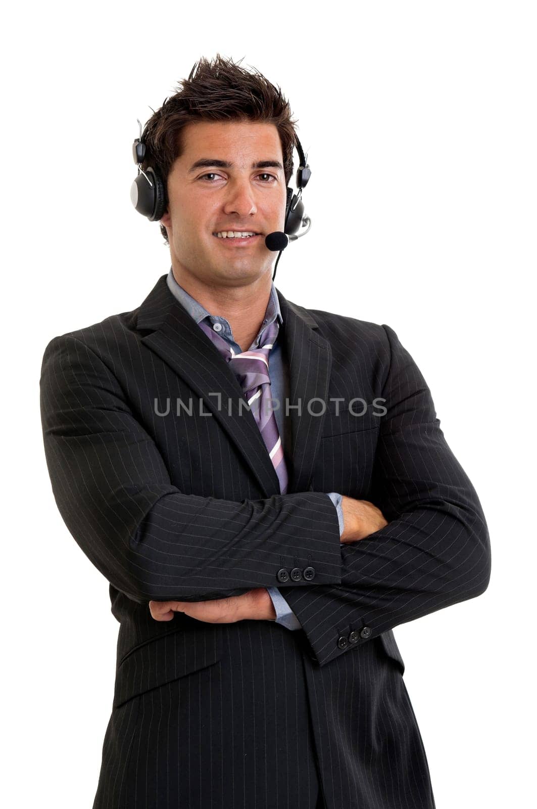 Young salesman isolated in white