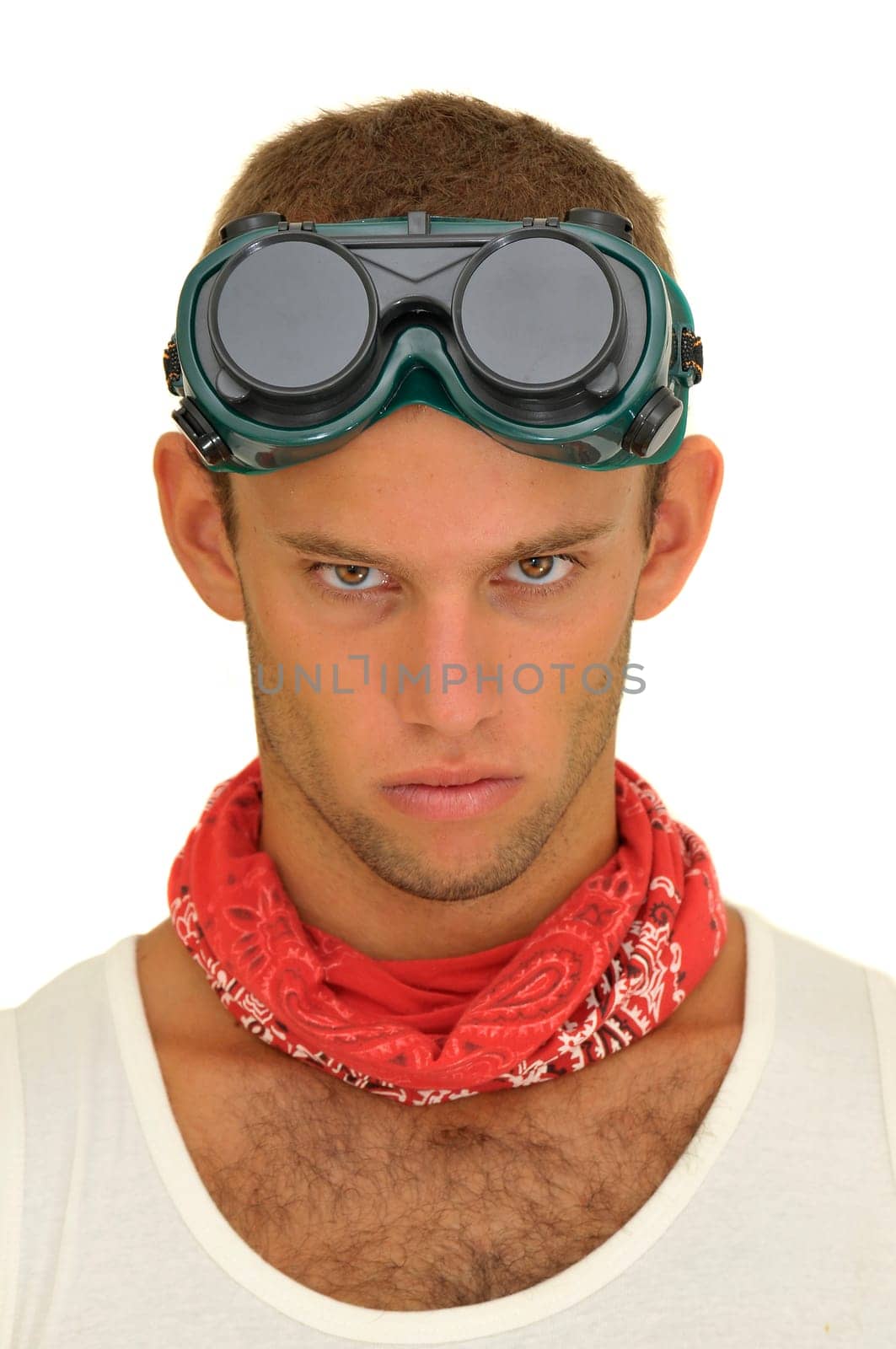 Construction worker with goggles isolated in white