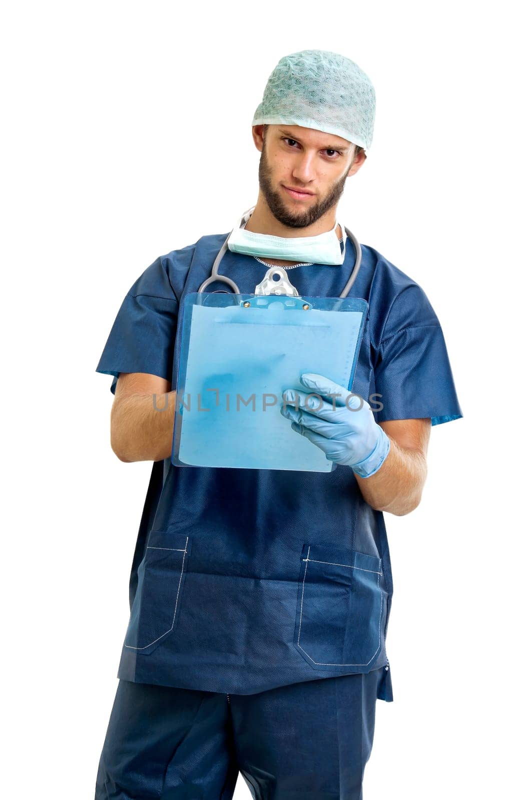 Doctor with a pad isolated against a white background