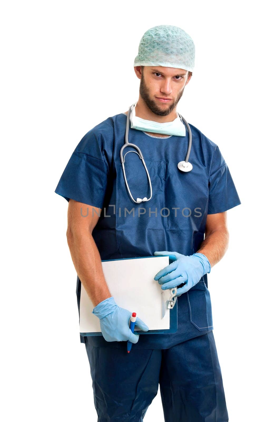 Doctor with a pad isolated against a white background
