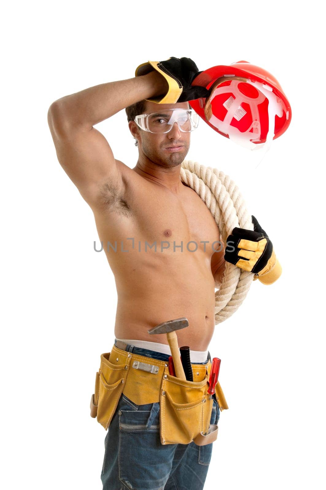 Strong build construction worker isolated in white