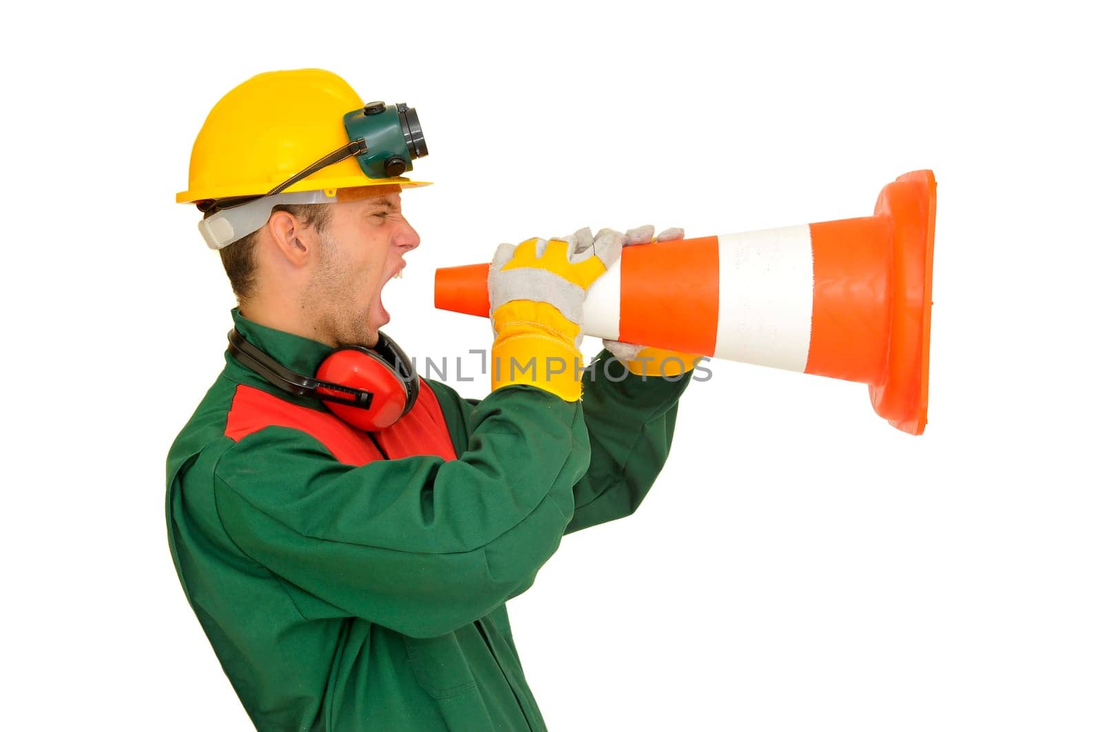 Construction worker shouting isolated in white
