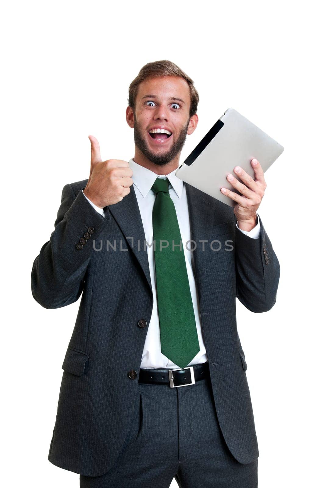 Young businessman with tablet isolated in white