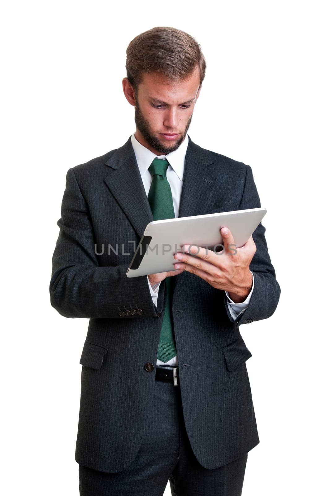 Young businessman with tablet isolated in white