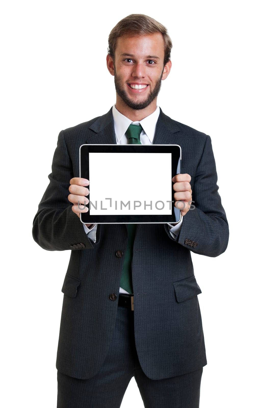 Young businessman with tablet isolated in white