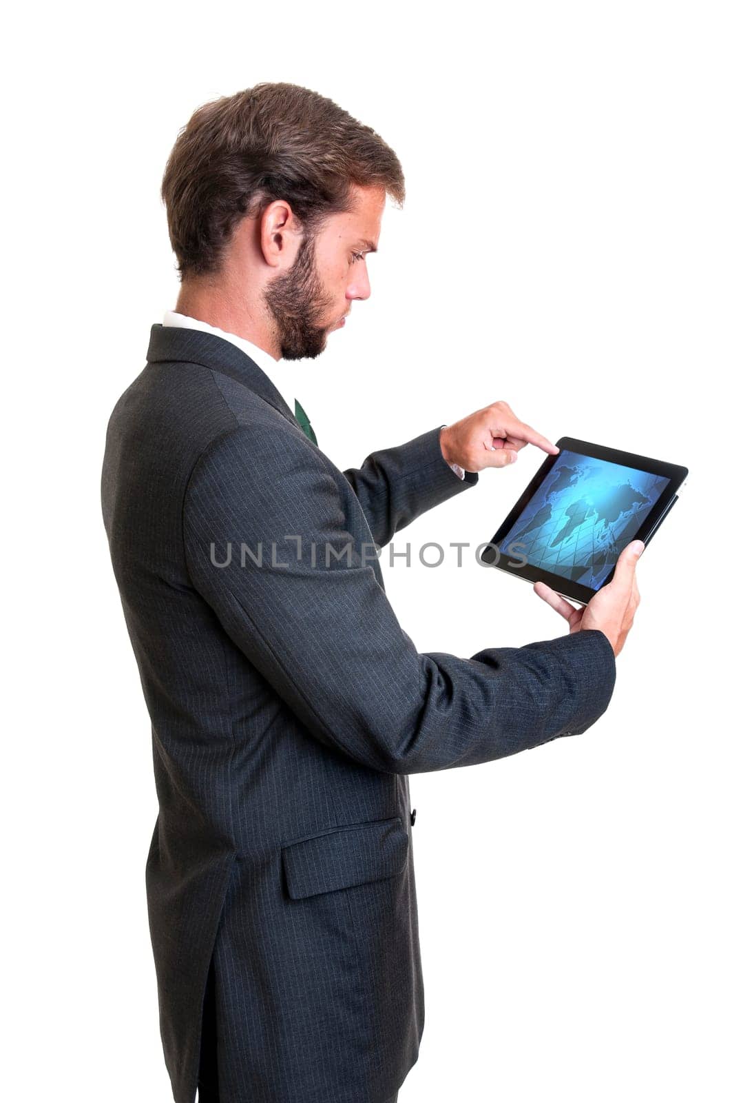 Young businessman with tablet isolated in white