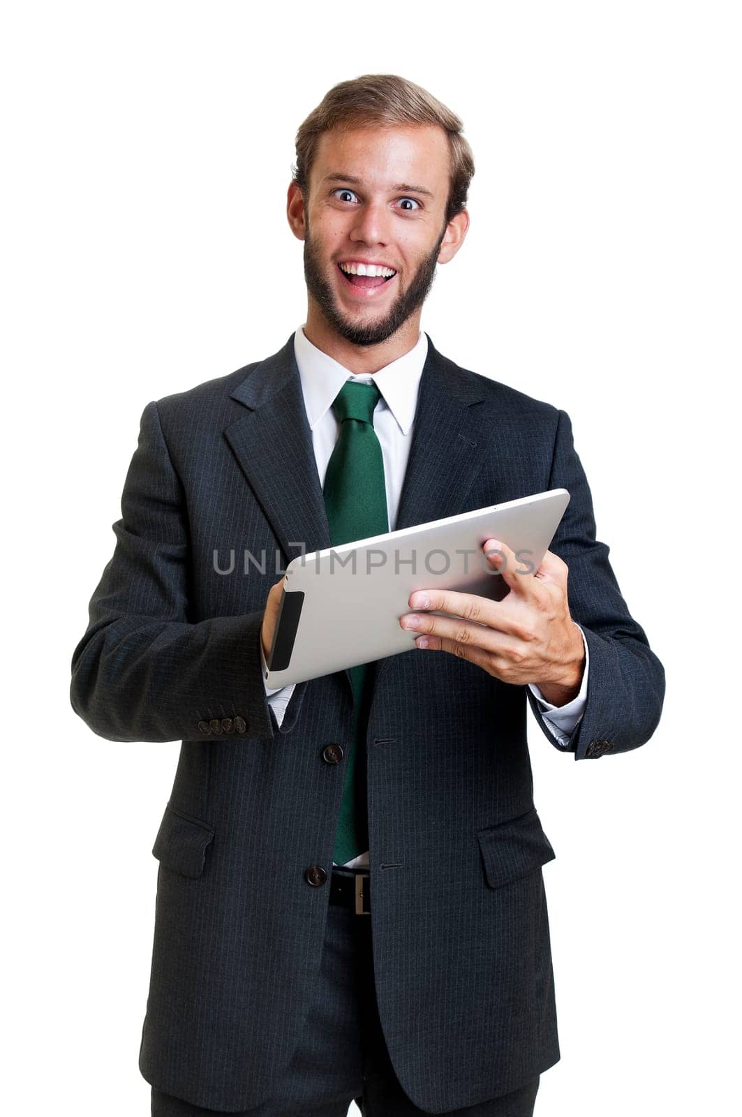 Young businessman with tablet isolated in white