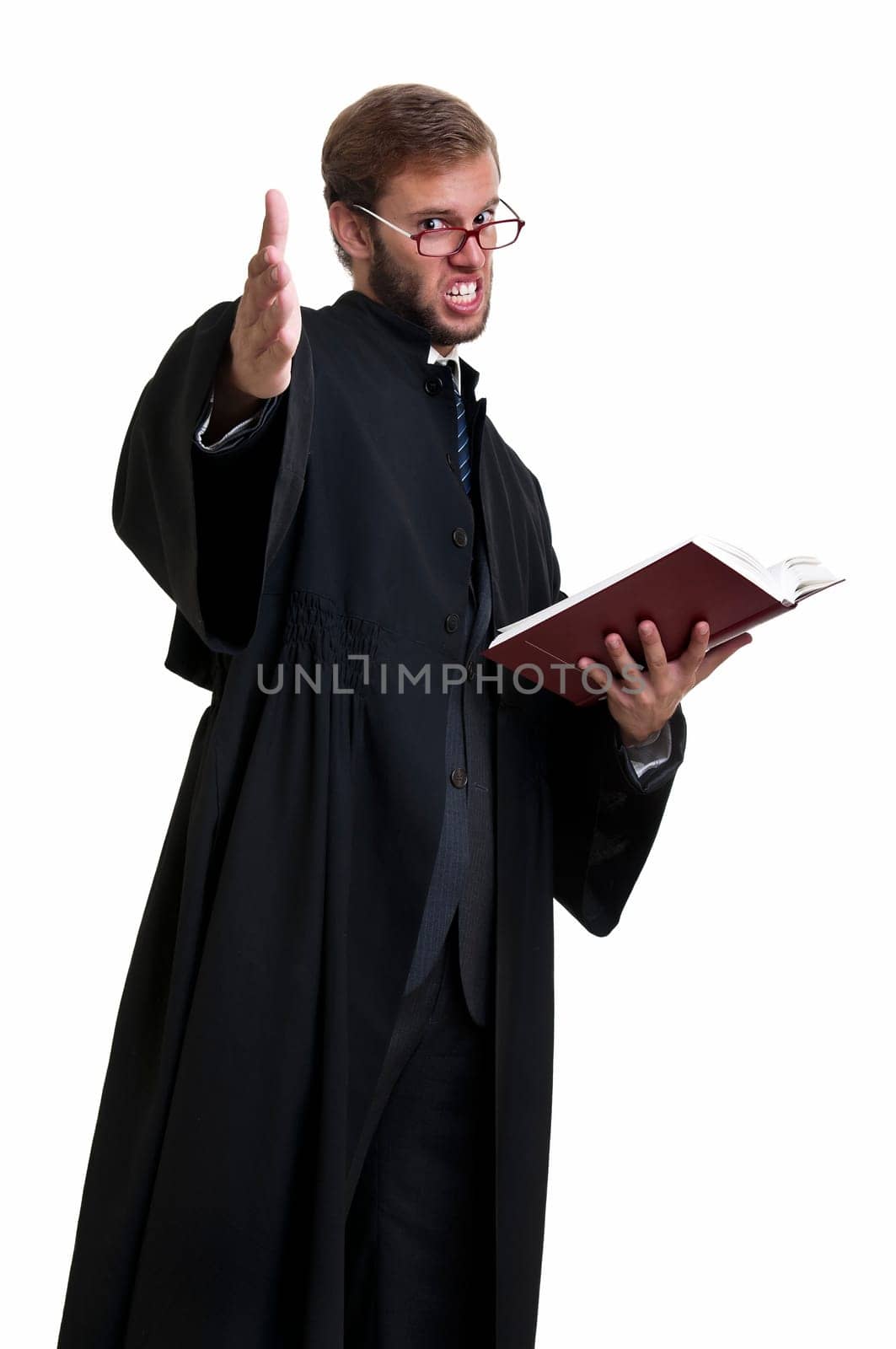 Young lawyer dressed with a toga isolated in white