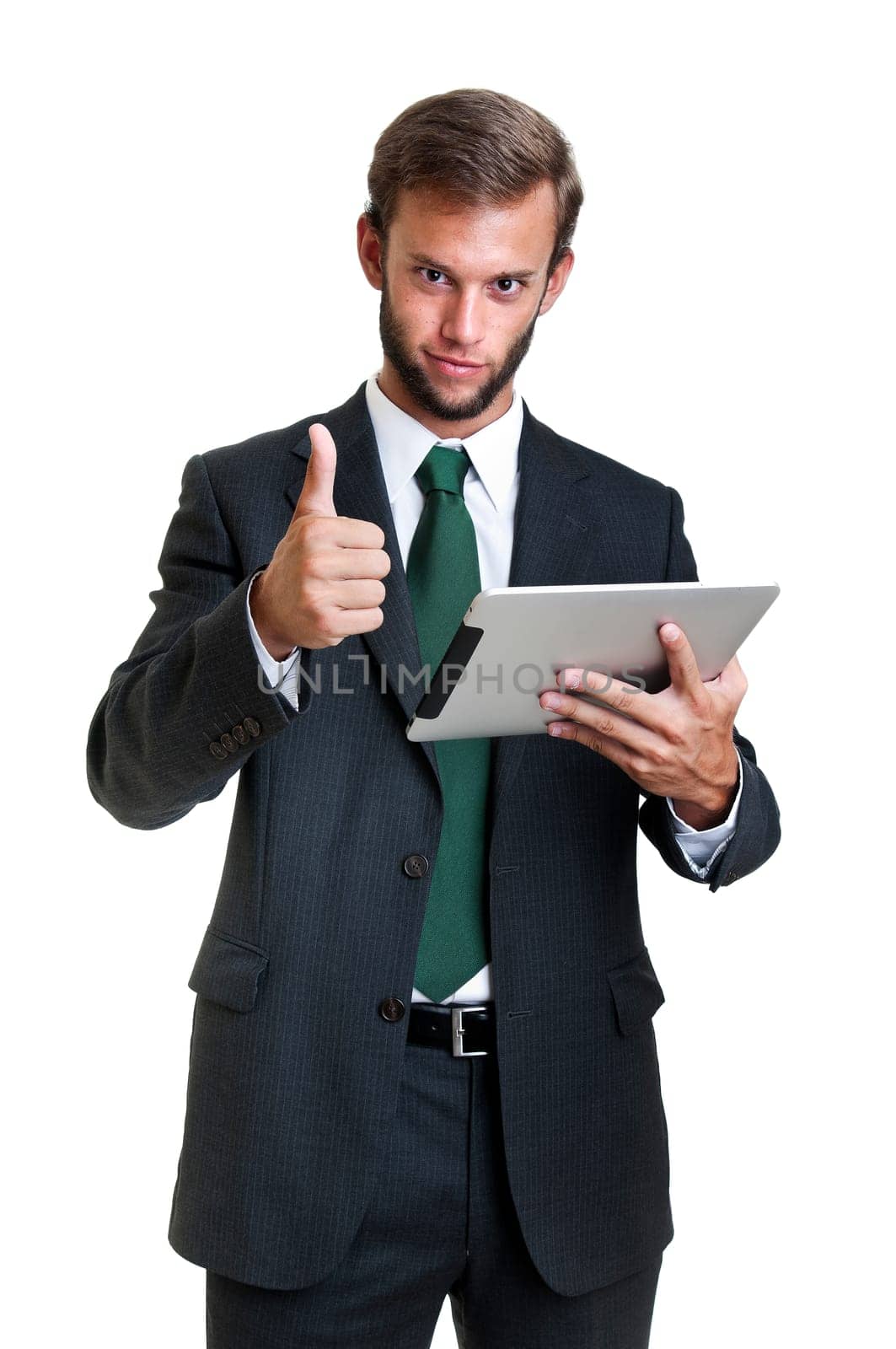 Young businessman with tablet isolated in white