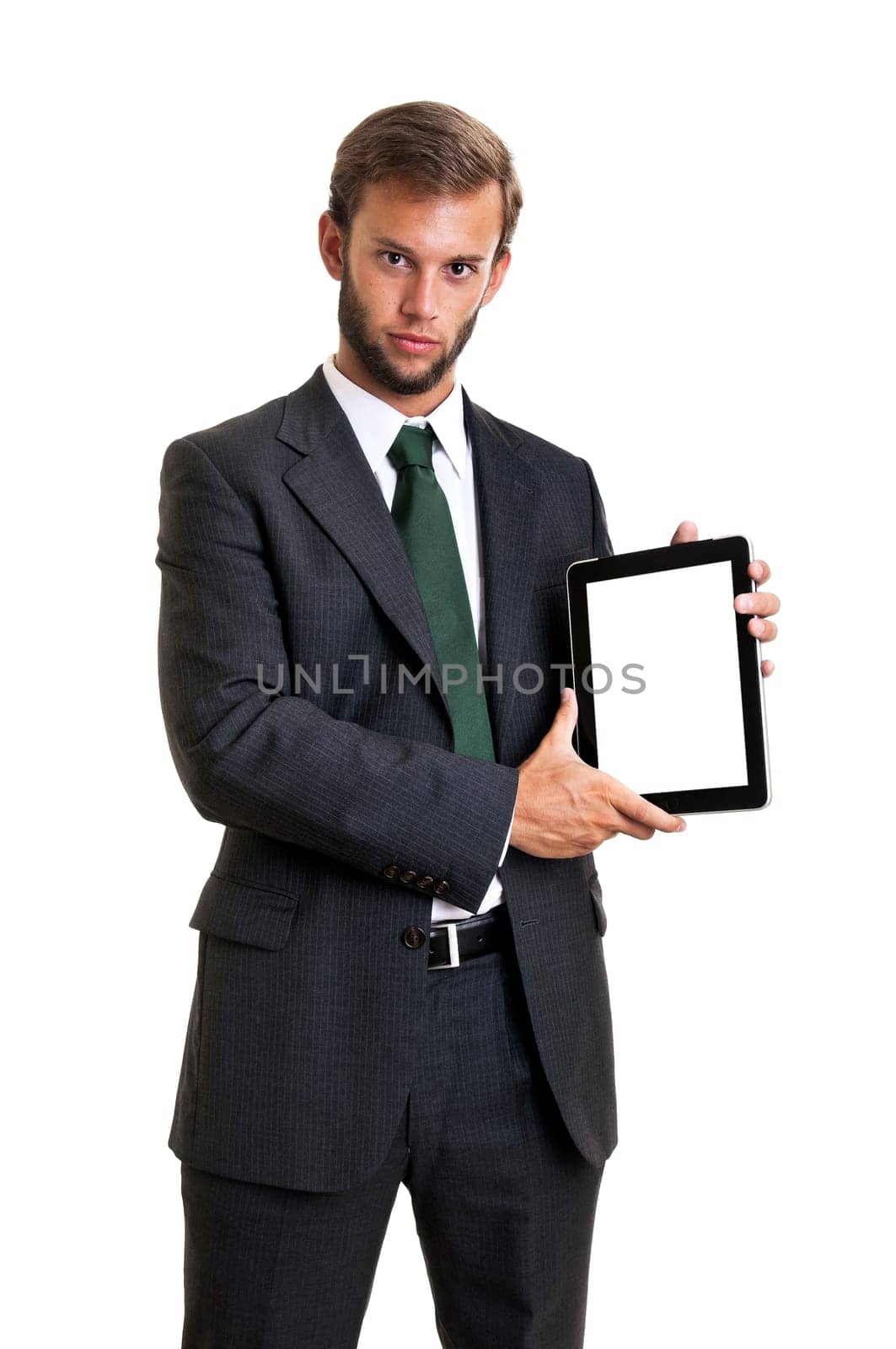 Young businessman with tablet isolated in white