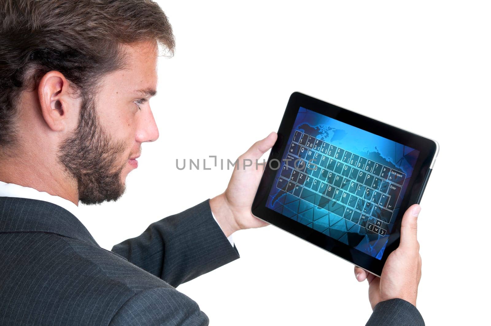 Young businessman with tablet isolated in white