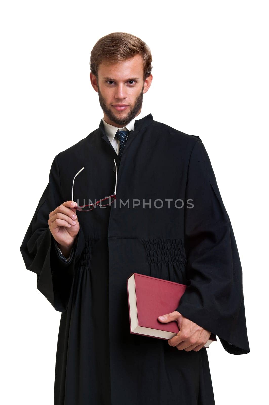 Young lawyer dressed with a toga isolated in white