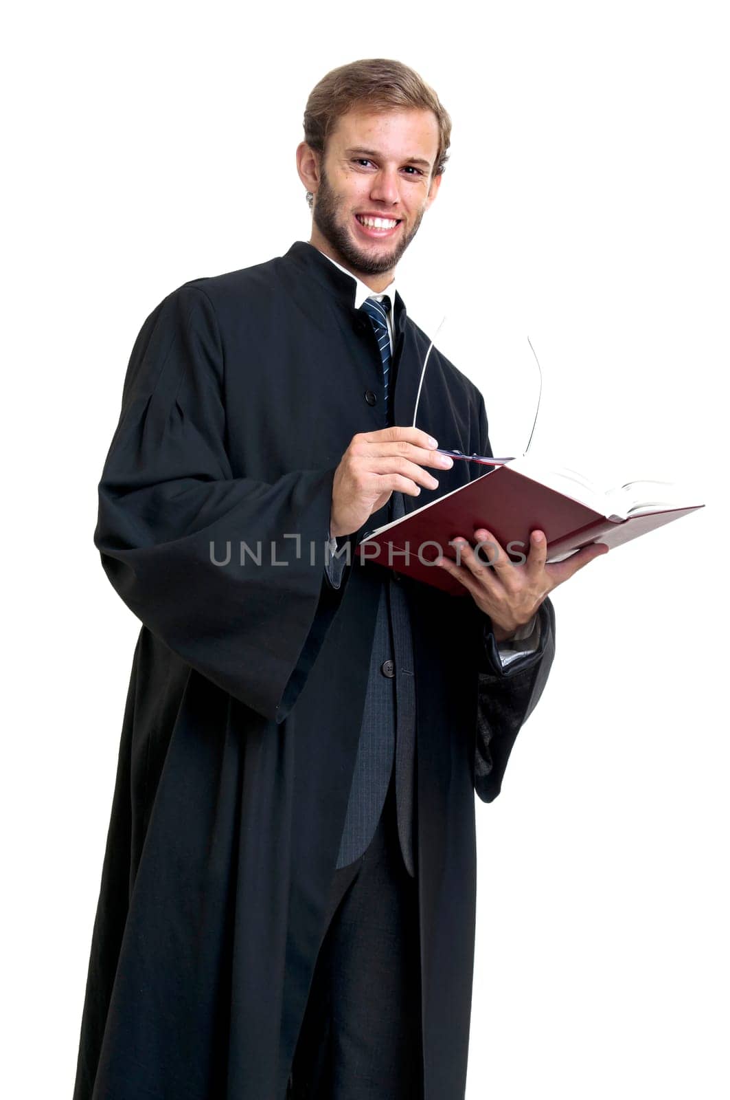 Young lawyer dressed with a toga isolated in white