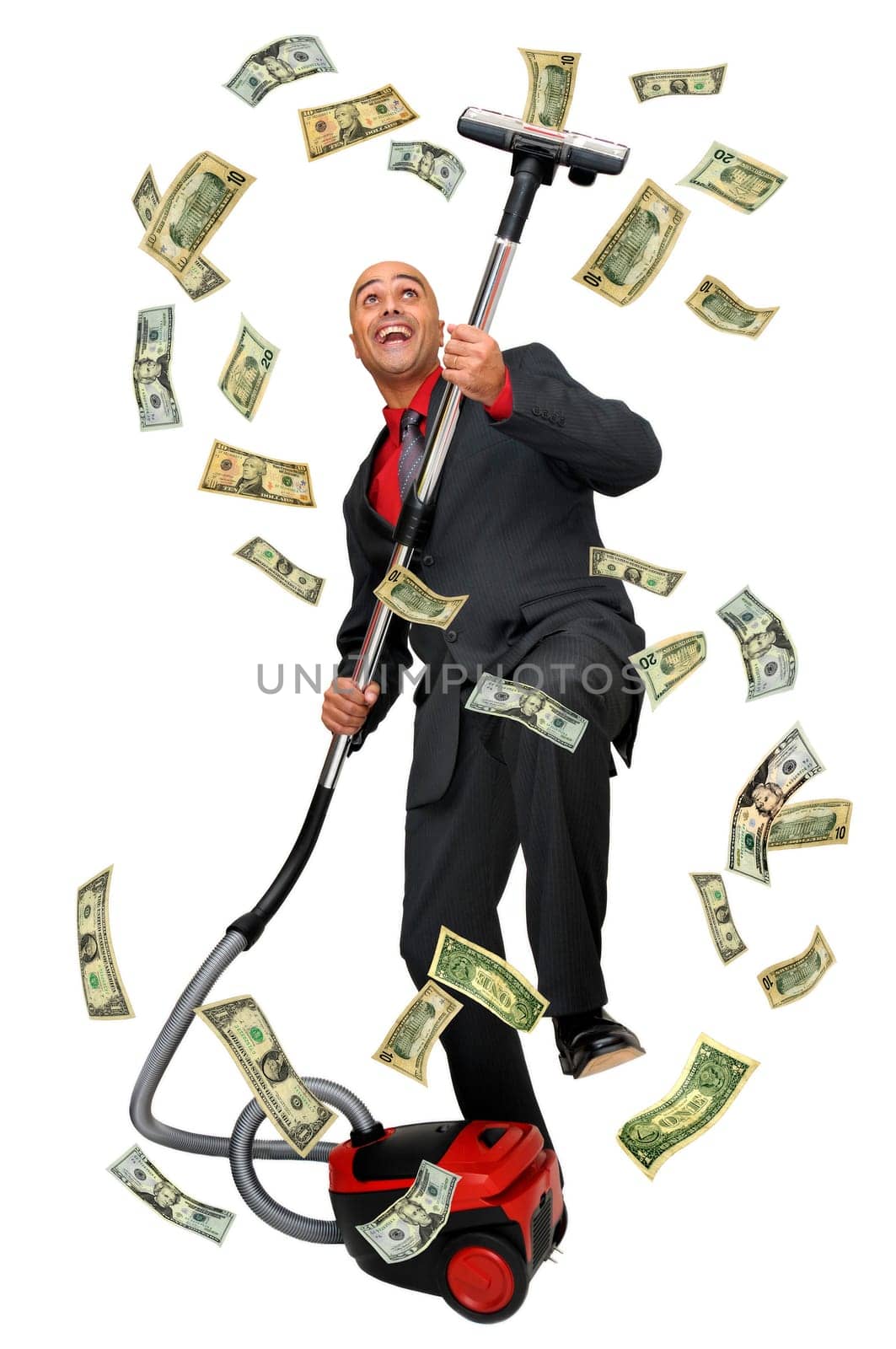 Businessman with vacuum cleaner catching dollar bills isolated in white