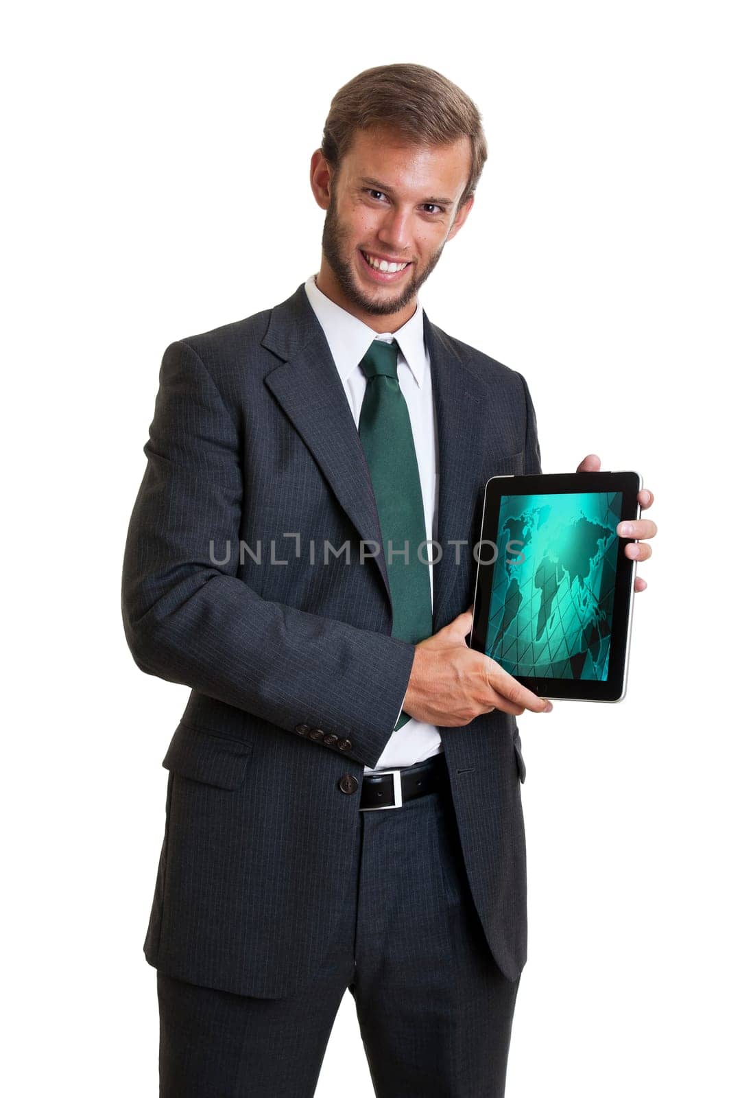 Young businessman with tablet isolated in white