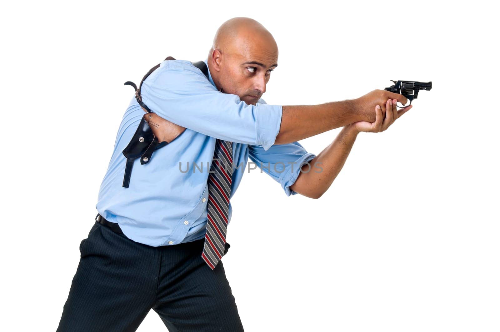 Man with gun isolated in white