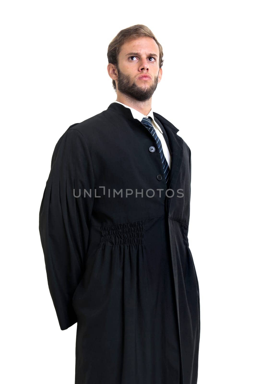 Young lawyer dressed with a toga isolated in white