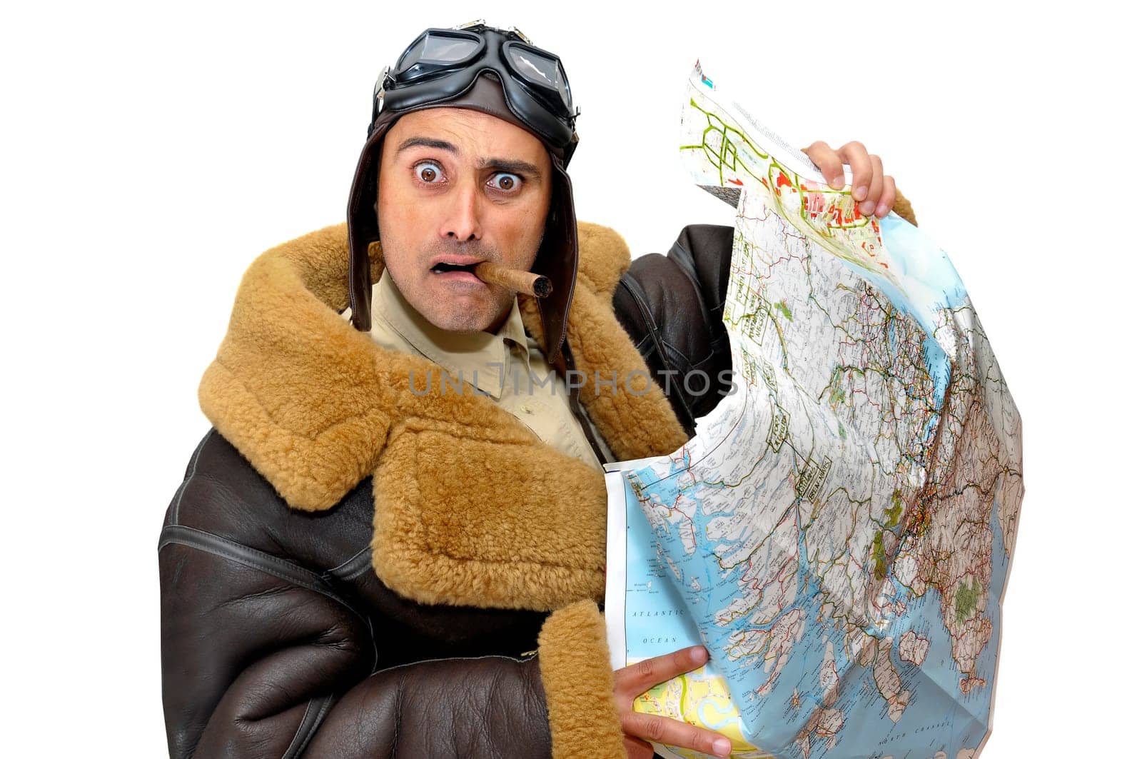 Figther pilot with map isolated in white
