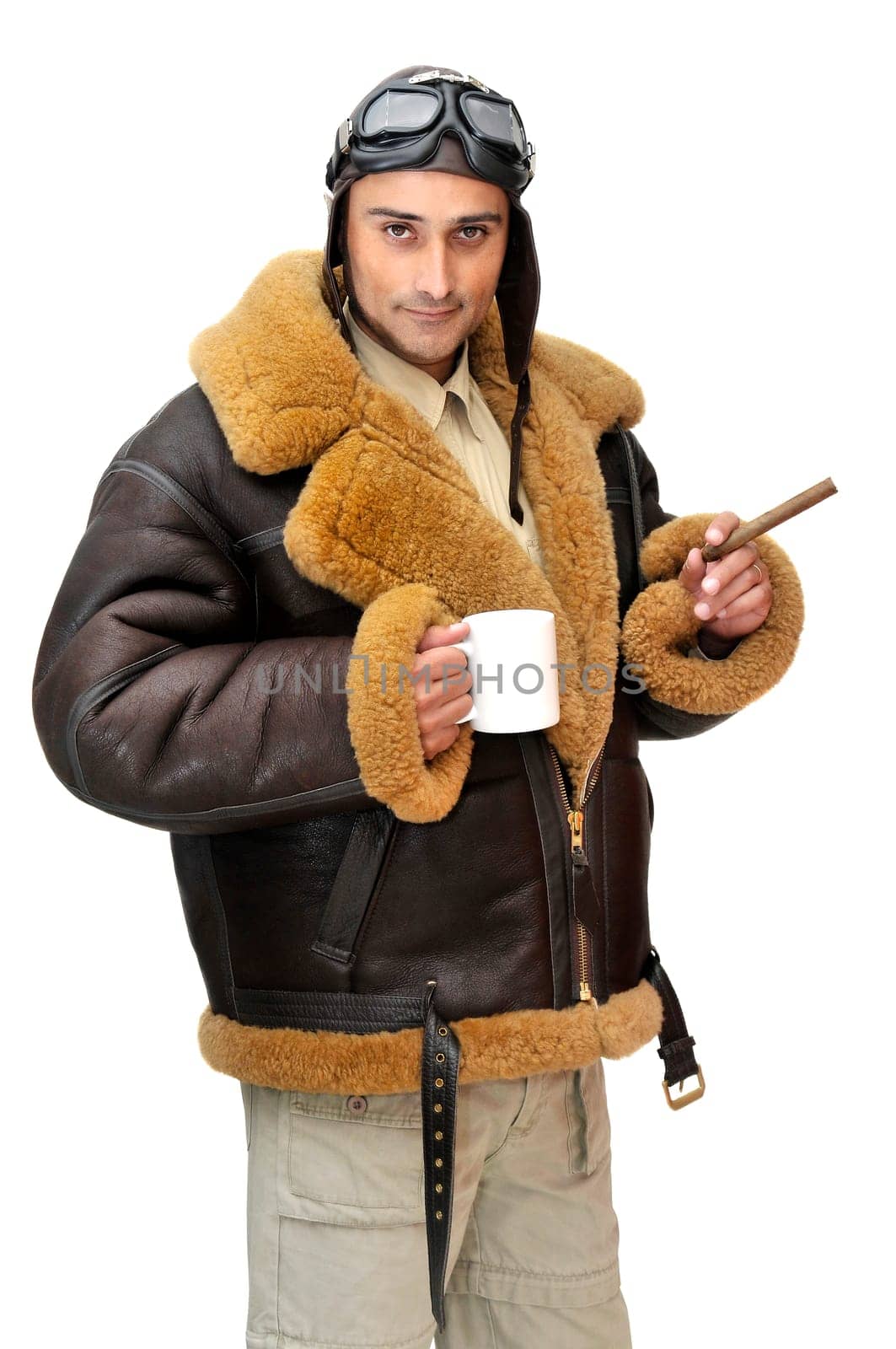 fighter pilot with coffee mug and cigar isolated in white