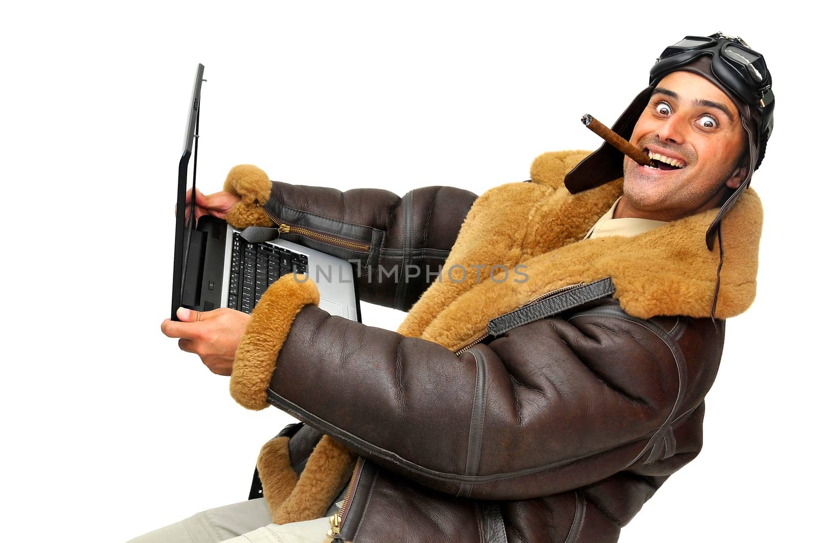 Fighter pilot with laptop isolated in white