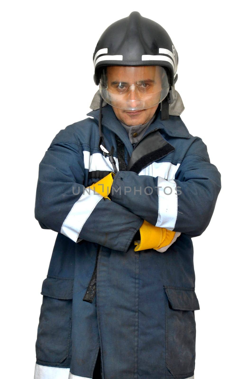 Fireman in uniform isolated in white