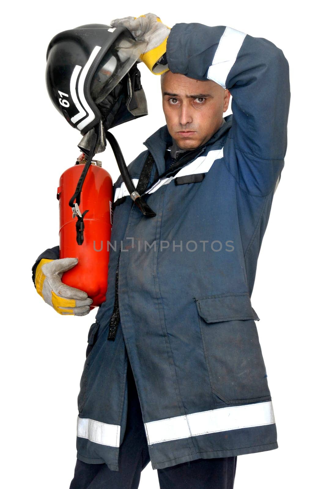 Fireman in uniform isolated in white