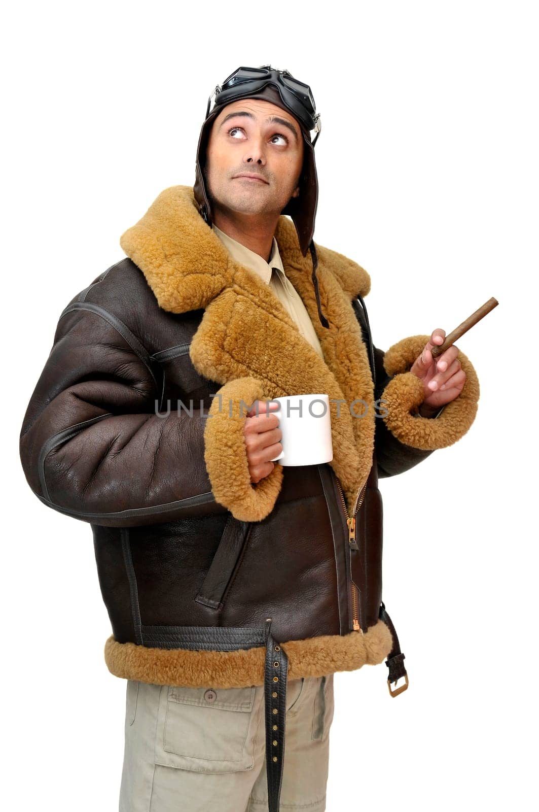 fighter pilot with coffee mug and cigar isolated in white