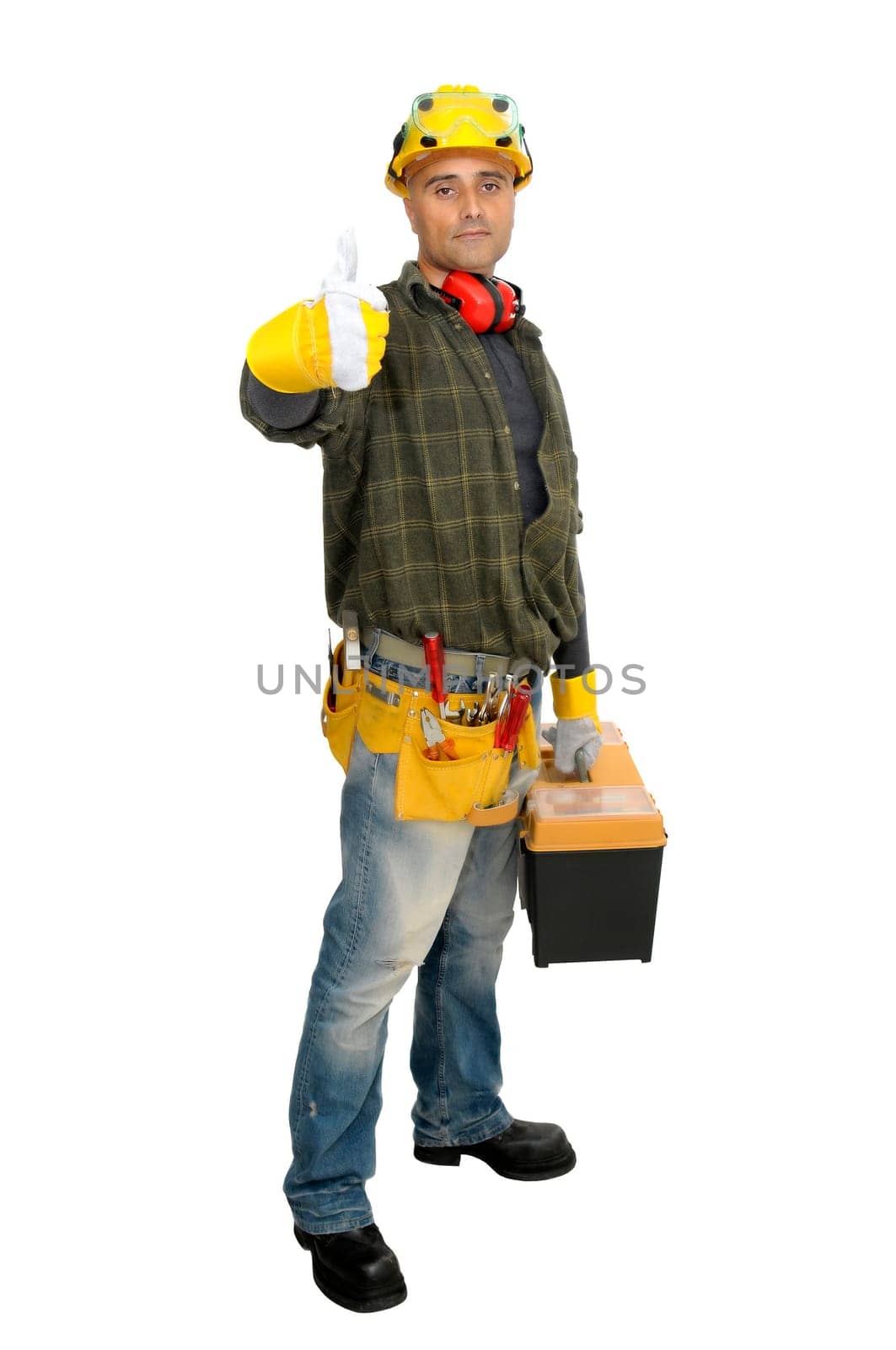 Worker with tool box isolated in white