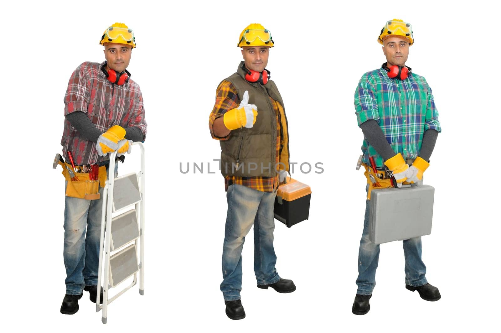 Worker in several positions isolated in white