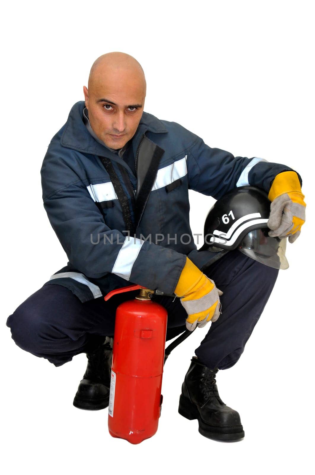 Fireman in uniform isolated in white