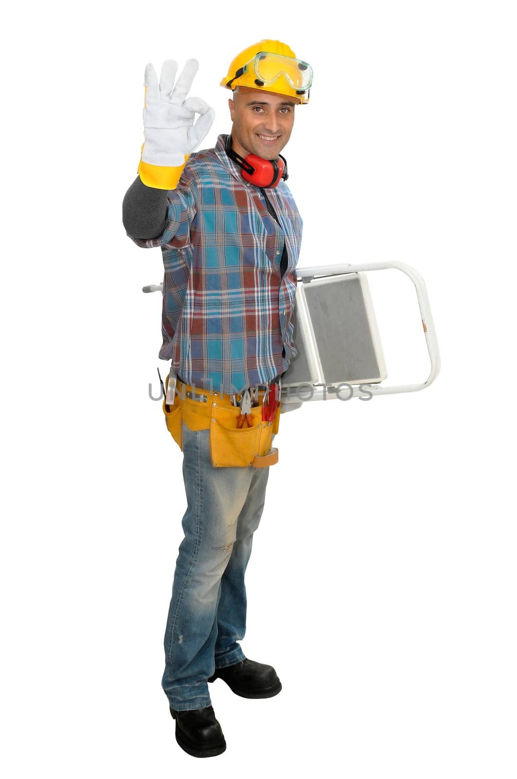 Constructor worker with ladder isolated in white