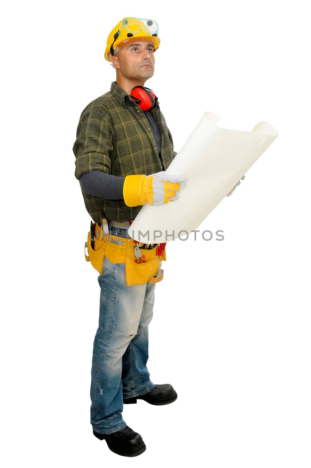 Worker with project looking at the construction site isolated in white