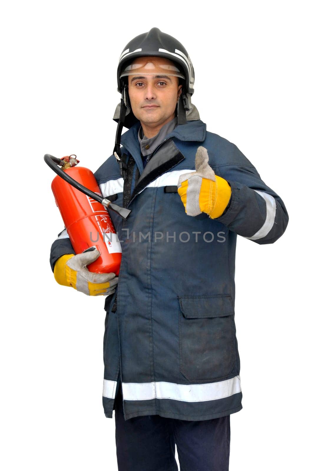 Fireman with extinguisher isolated in white