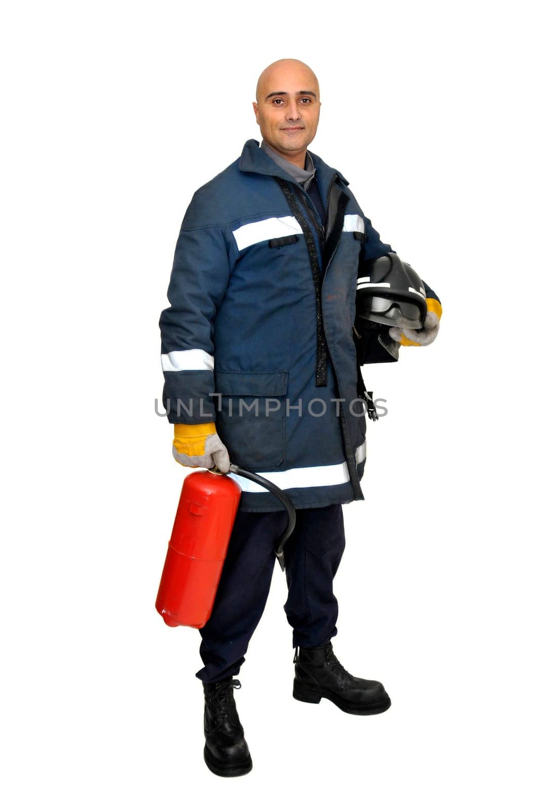Fireman in uniform isolated in white