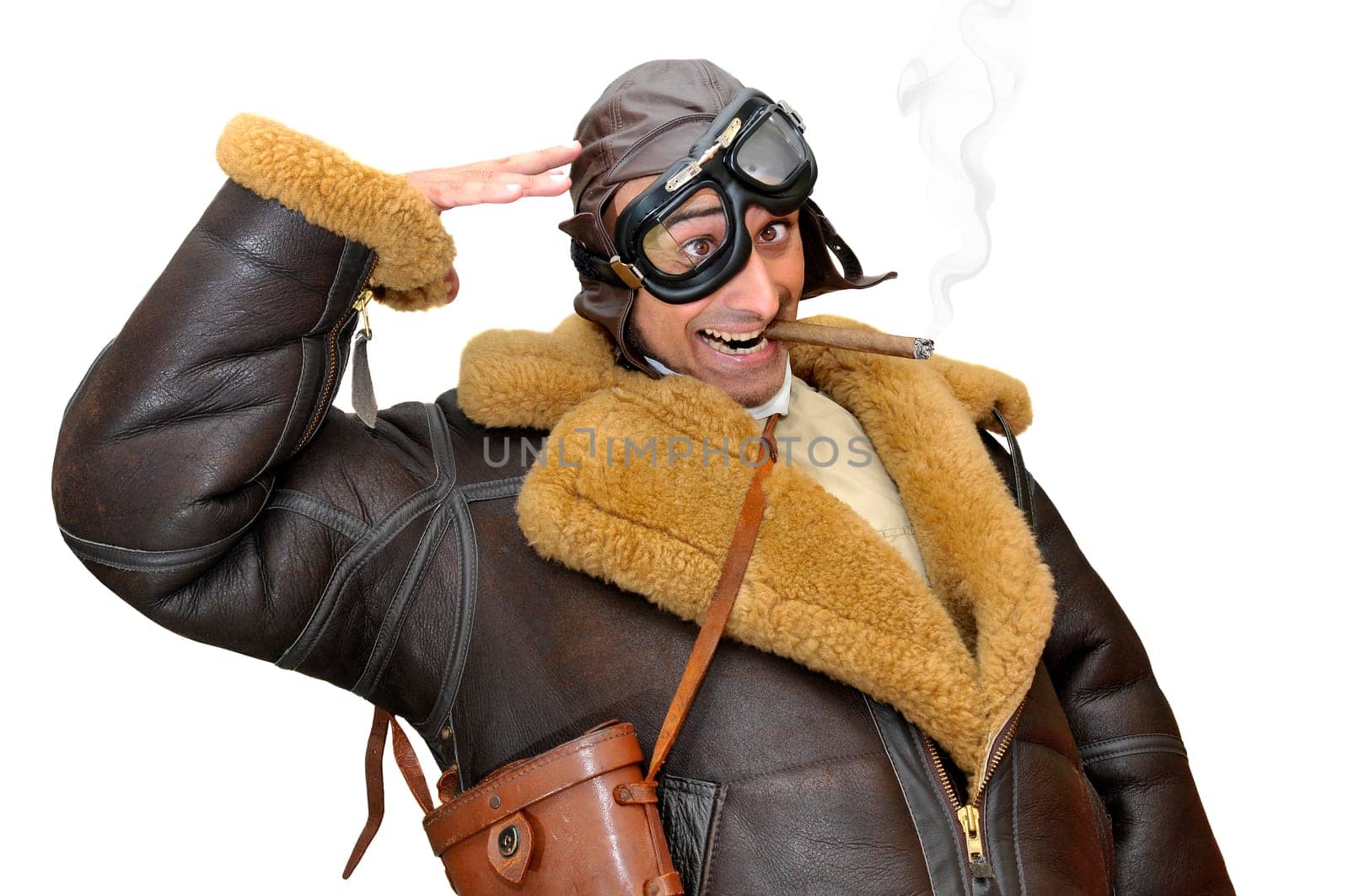 Funny figther pilot saluting isolated in white